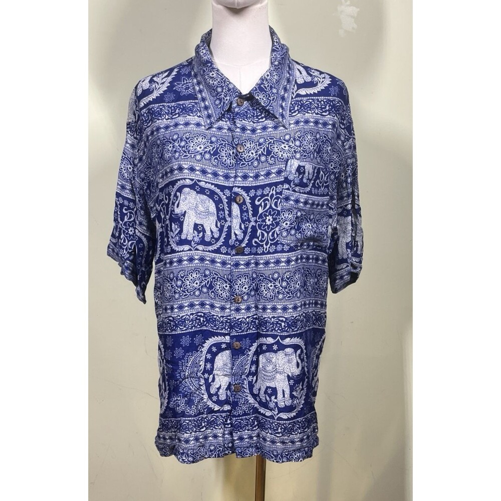 Mexicali Blues Sz XXL Blue Elephant Batik Print Short Sleeve Button-up Top Boho